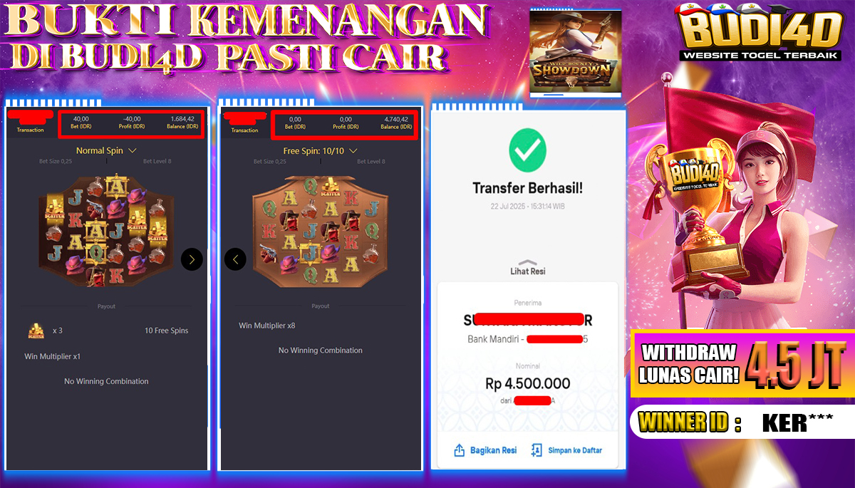 BUDI4D JACKPOT USERID:  KER**** SLOT PGSOFT WILD BOUNTY SHOWDOWN Rp.4.500.000,- LUNAS